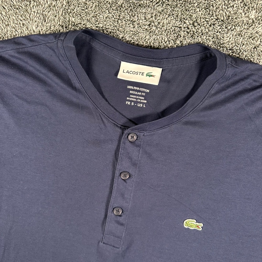 Lacoste Henley Shirt Mens L Regular Fit Navy Blue Pima Cotton Short Sleeve Logo